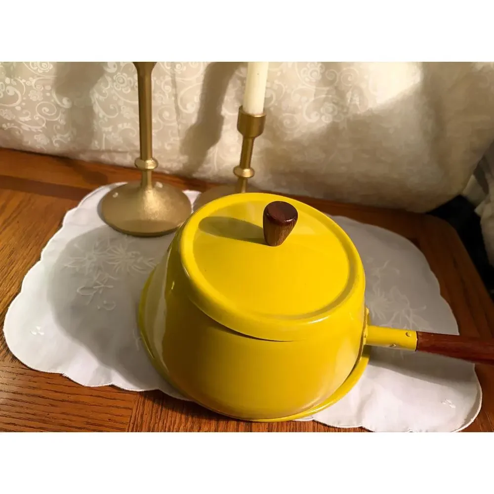 Vintage 1970s Mustard Yellow Enamel Fondue Pot with wood handle and drip tray